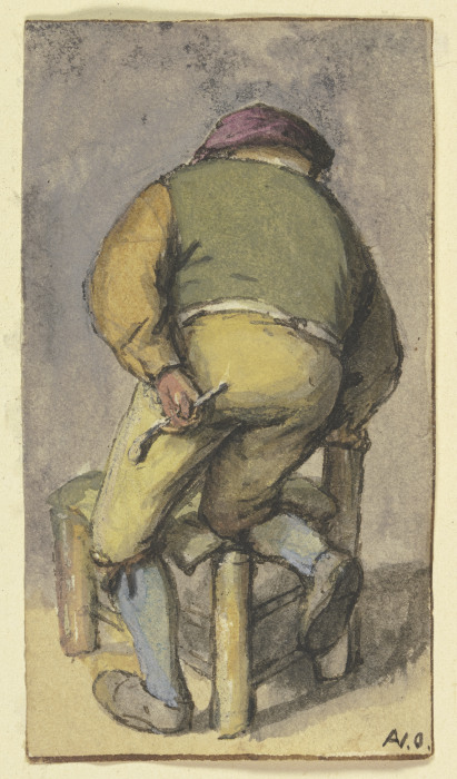 Bauer von hinten, mit dem rechten Bein auf einem Stuhl kniend van Adriaan van Ostade