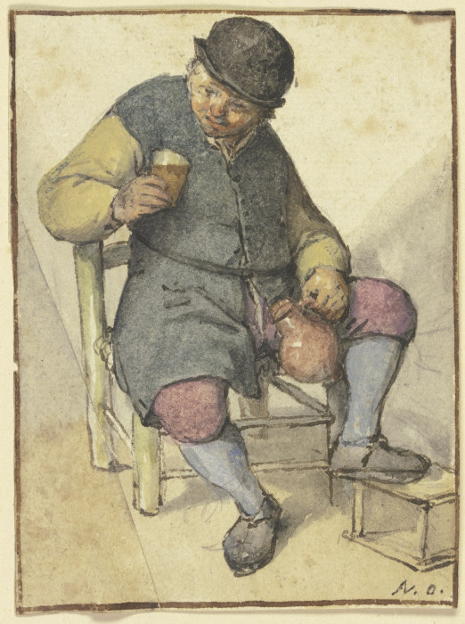 Sitzender Bauer von vorn, mit Krug und Glas van Adriaan van Ostade