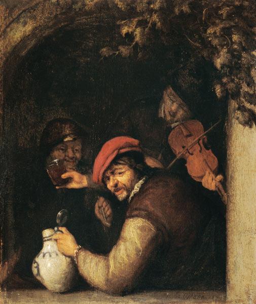  De dronkaard en de violist bij een raam - Adriaan van Ostade