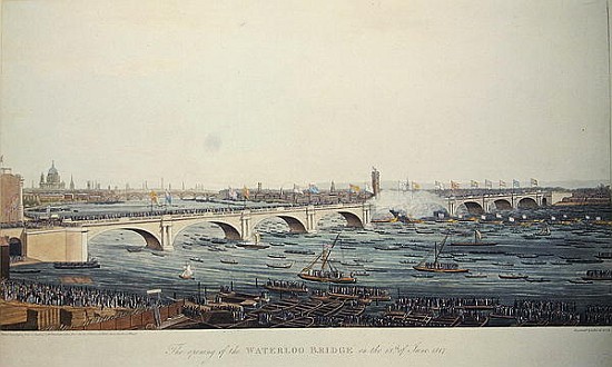 The Opening of the Waterloo Bridge on the 18th of June, 1817, etched by A. Pugin from a drawing van Augustus Charles
