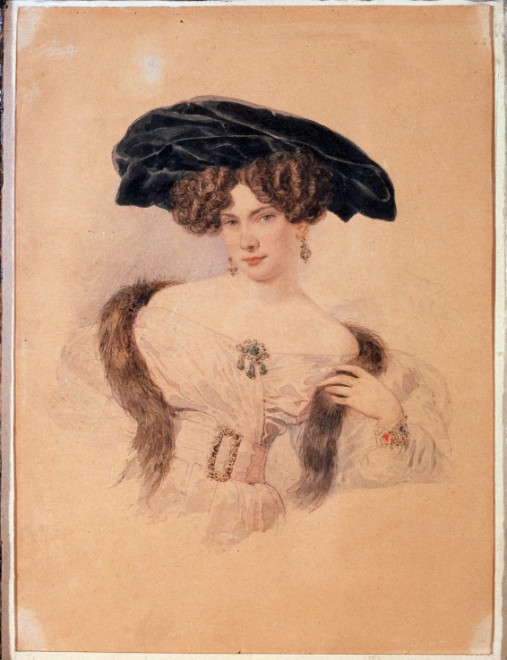 Portrait of the artist Yevdokiya Bakunina (1793-1882) in black beret van Brüllow