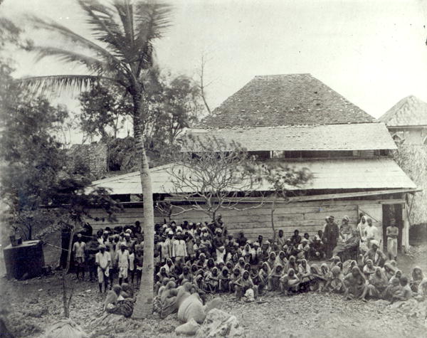 Plantation Workers on arrival from India, mustered at Depot, c.1891 (b/w photo)  van English Photographer