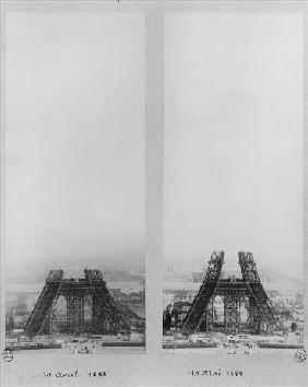 Two views of the construction of the Eiffel Tower, Paris, 10th April and 10th May 1888 (b/w photo) 