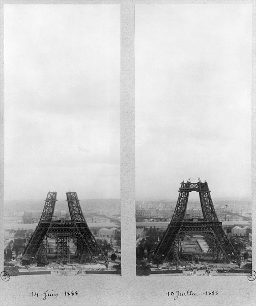 Two views of the construction of the Eiffel Tower, Paris, 14th June and 10th July 1888 (b/w photo)  van French Photographer