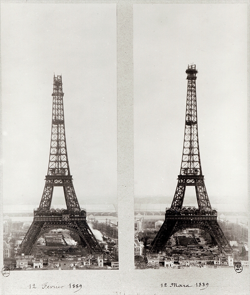 Two views of the construction of the Eiffel Tower, Paris, 12th February and 12th March 1889 (b/w pho van French Photographer