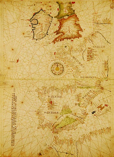 The Atlantic Coasts of Europe and Africa, from a nautical Atlas, 1520(see also 330911-330912) van Giovanni Xenodocus da Corfu