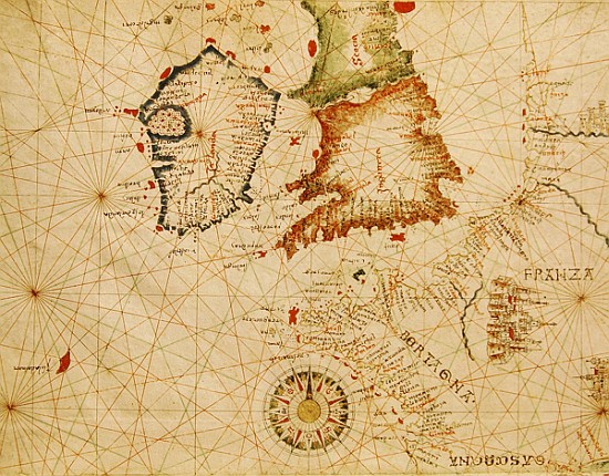 The French Coast, England, Scotland and Ireland, from a nautical atlas, 1520(detail from 330910) van Giovanni Xenodocus da Corfu