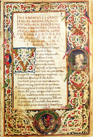 Ms.392 fol.1 Song in praise of Laure, from ''Sonetti, Canzoni e Triomphi'' Petrarch (1304-74) 1470 van Italian School