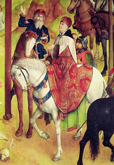 Triptych of the Crucifixion, detail of an equestrian group with Longinus, c.1465-68 van Joos van Gent (Joos van Wassenhove)