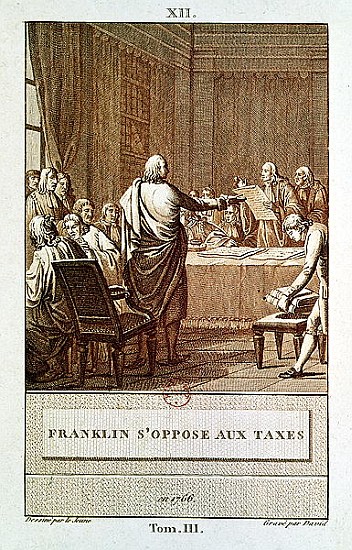 Benjamin Franklin Presenting his Opposition to the Taxes in 1766; engraved by David van Le Jeune