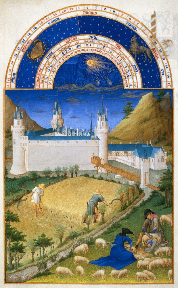 Fascimile of July: Harvesting and Sheep Shearing, from the ''Tres Riches Heures du Duc de Berry'' (f van Limbourg Brothers