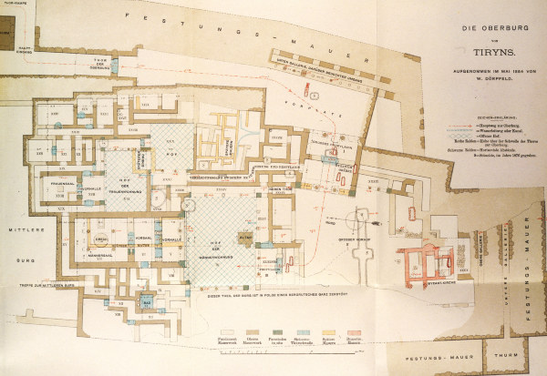 Tiryns , Map of the upper castle van Schliemann