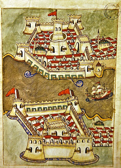 Ms. cicogna 1971, miniature from the ''Memorie Turchesche'' depicting fortresses on the Bosphorus van Venetian School