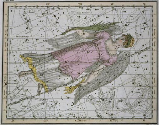Virgo, from 'A Celestial Atlas', pub. in 1822 (coloured engraving) van A. Jamieson