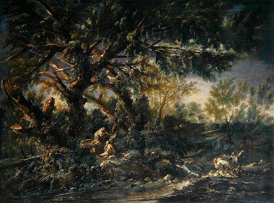 Landscape with Monks praying, or The Great Wood (oil on canvas) van A. Magnasco