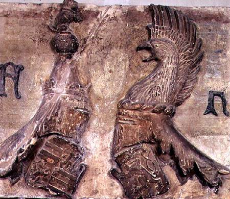 Memorial plaque carved with two tournament jousting helmets bearing the coat of arms of the Gonzaga van a sculptor from the School of Mantua