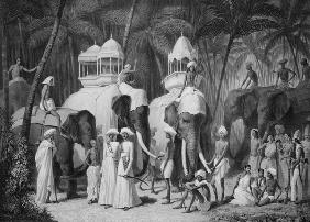 Elephants of the Raja of Travandrum, from 'Voyage in India' engraved by Louis Henri de Rudder (1807-