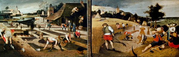 Spring (left); Summer (right) (panel) van Abel Grimmer