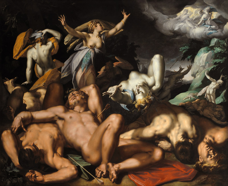 Apollo and Diana Punishing Niobe by Killing her Children van Abraham Bloemaert