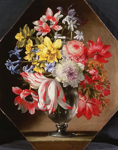 A Glass Vase of Flowers on a Stone Ledge Containing Tulips, Chrysanthemums, Roses and Bluebells van Abraham Brueghel