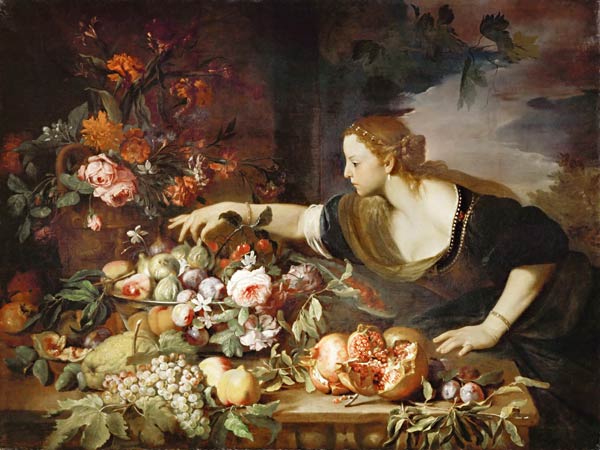 Woman taking fruit van Abraham Brueghel