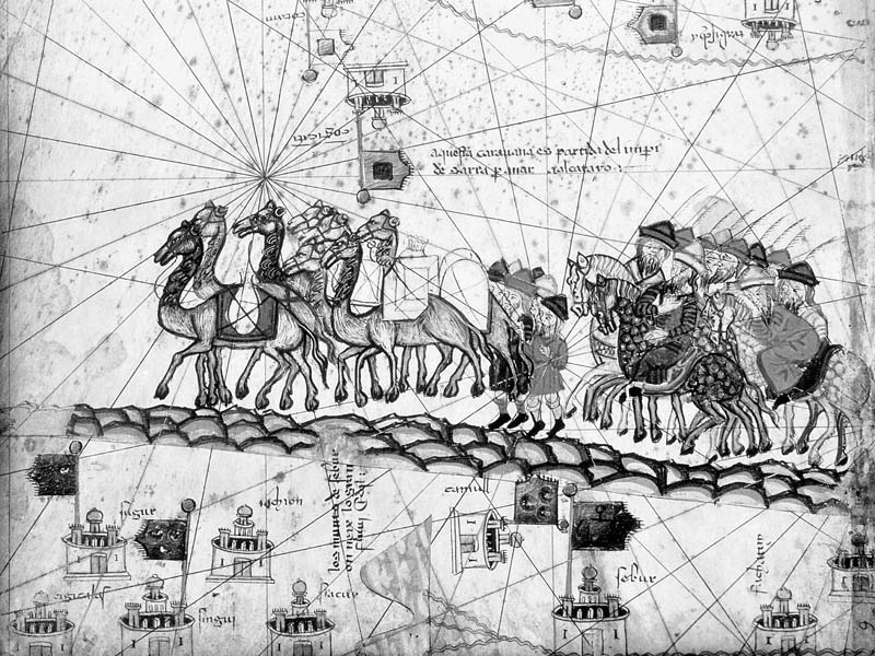 Ms Esp 20 panel 4 Caravans Crossing The Urals on the way to Cathay, from the Catalan Atlas of Charle van Abraham Cresques