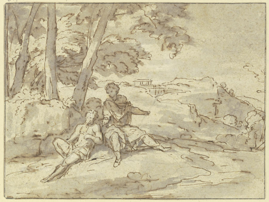 In einer Landschaft sitzen unter einer Baumgruppe zwei antike Figuren van Abraham Genoels d. J.
