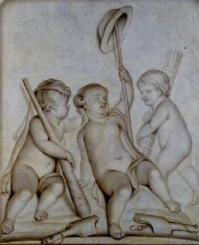 The Three Cherubs (grisaille), Putti with the attributes to Hercules and Mercury