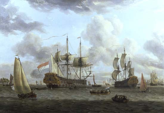 Dutch Shipping Scene in a Wide Estuary van Abraham J. Storck