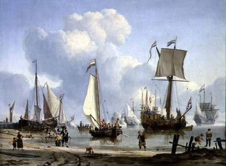 Ships in Calm Water with Figures by the Shore van Abraham J. Storck