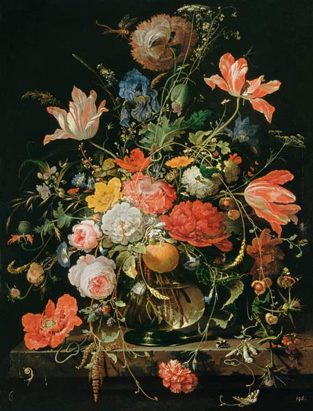 Een glas met bloemen en een sinaasappeltak van Abraham Mignon