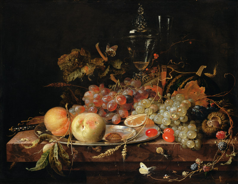 Stilleven met fruit, tinnen bord en wijnglazen  van Abraham Mignon
