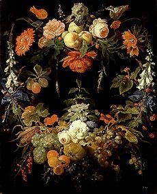 Een bloemen- en fruitkrans van Abraham Mignon