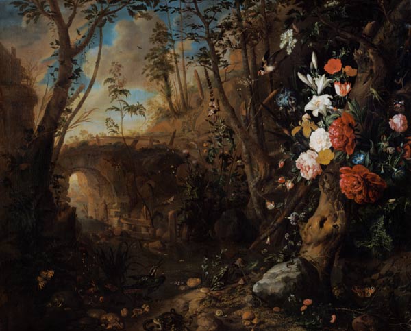Rivierlandschap met bloemen van Abraham Mignon