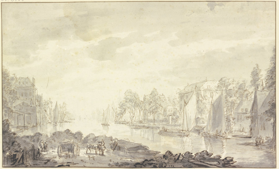 Stadtansicht am Fluss, vorne ein Wagen und Pferde van Abraham Rademaker