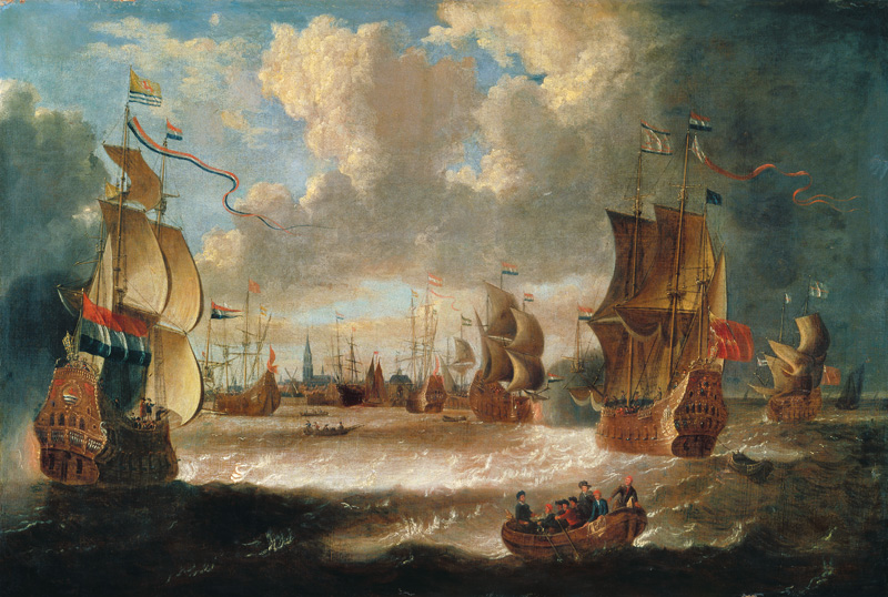 Ships in a lagoon van Abraham Storck