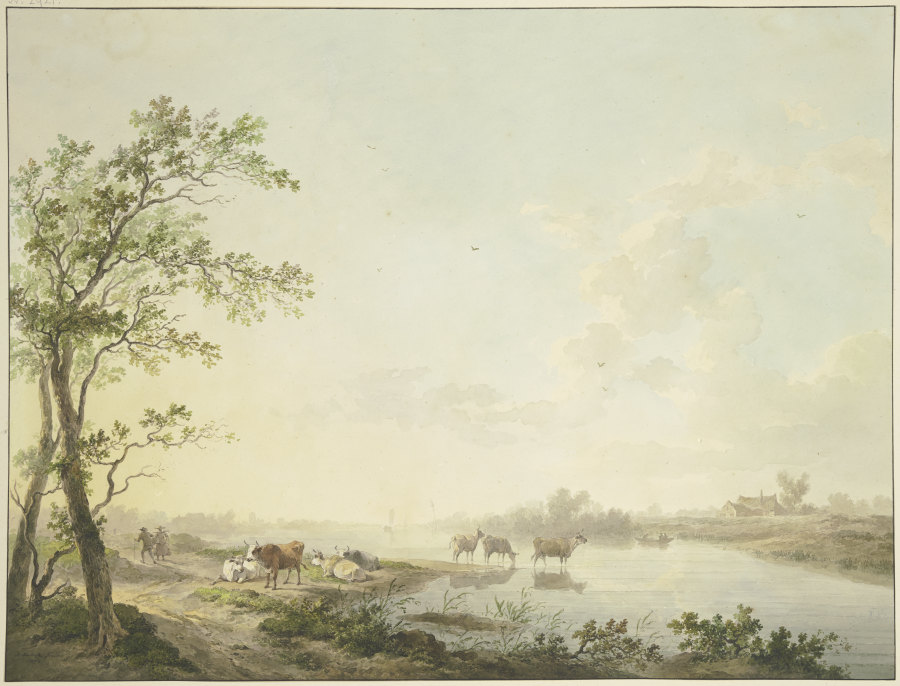 Nebliger Morgen an einem Flusse, am Ufer sieben Kühe, zum Teil im Wasser stehend van Abraham Teerlink
