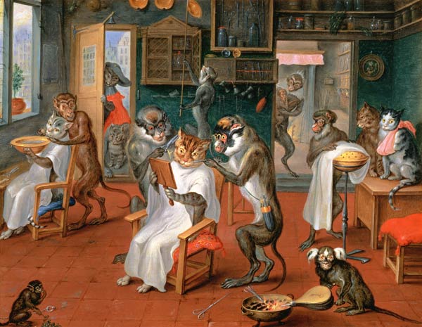 Barber's shop with Monkeys and Cats van Abraham Teniers