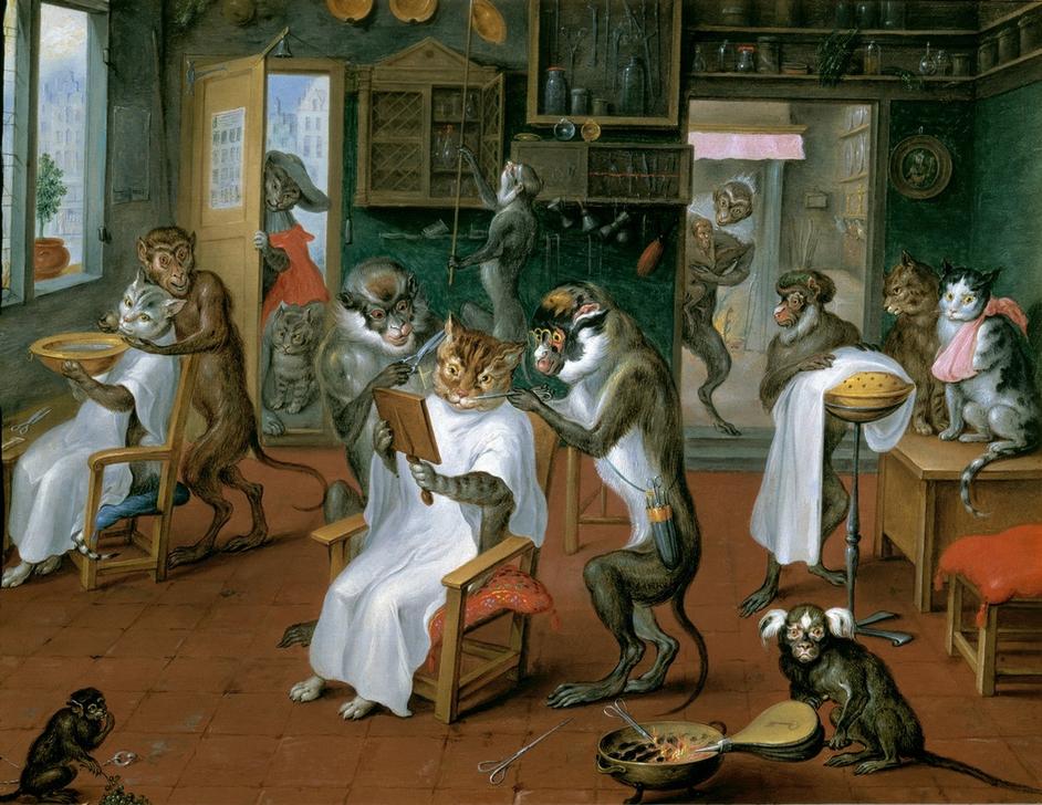 Barbierstube mit Affen und Katzen van Abraham Teniers