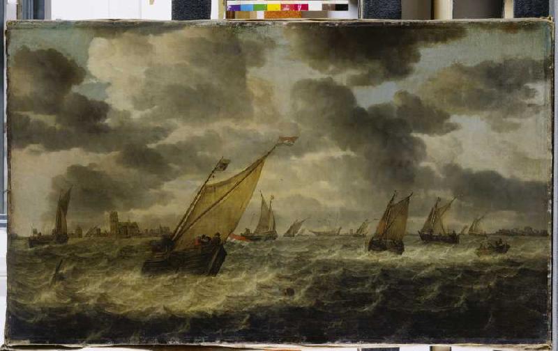 Die Mündung der Maas mit Segelbooten und Ruderkahn, im Hintergrund Dordrecht van Abraham van Beyeren