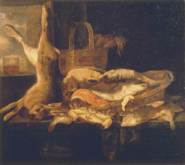 Stillleben mit Fischen und totem Hasen van Abraham van Beyeren