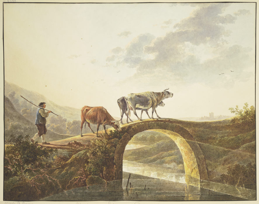 Hirte mit drei Rindern auf einer Flußbrücke van Abraham van Strij