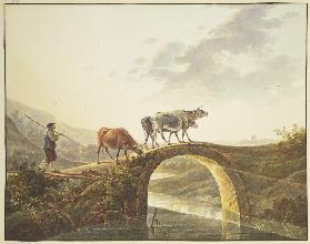 Hirte mit drei Rindern auf einer Flußbrücke