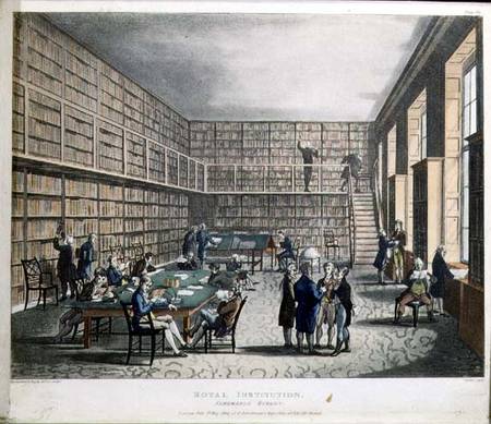 The Library at The Royal Institution, Albemarle Street, engraved by Joseph Constantine (fl.1780-1812 van A.C. Rowlandson