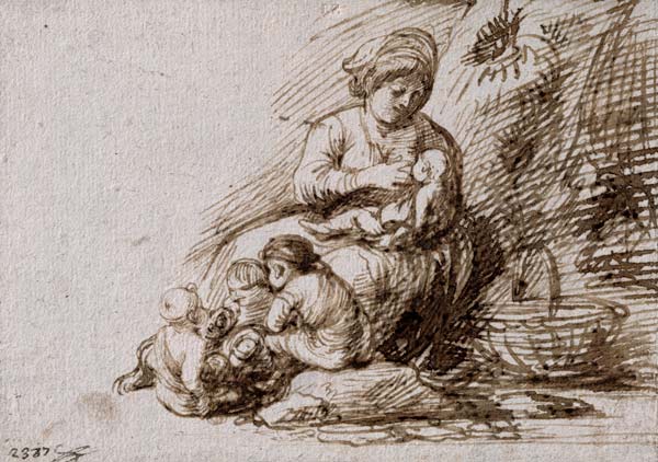Woman Breastfeeding (pen & ink on paper) van Adam Elsheimer