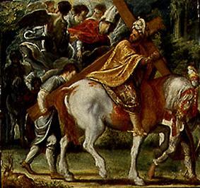 Hausaltar der Kreuzlegende: Heraklius mit dem Kreuz wird der Einzug zu Pferd verwehrt. van Adam Elsheimer