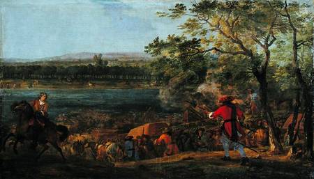 The Arrival of the Pontoneers for the Crossing of the Rhine van Adam Frans van der Meulen