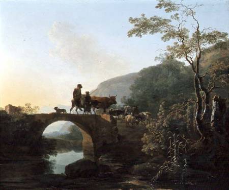 Bridge in an Italian landscape van Adam Pynacker
