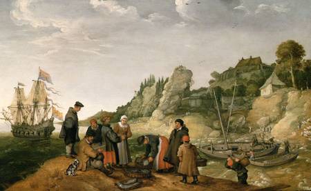 Fisherman unloading and selling their catch on a rocky shoreline van Adam Willaerts