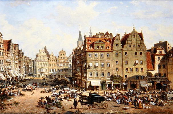 The Market in Wroclaw, 1877 (oil on canvas) van Adelbert Wolfl